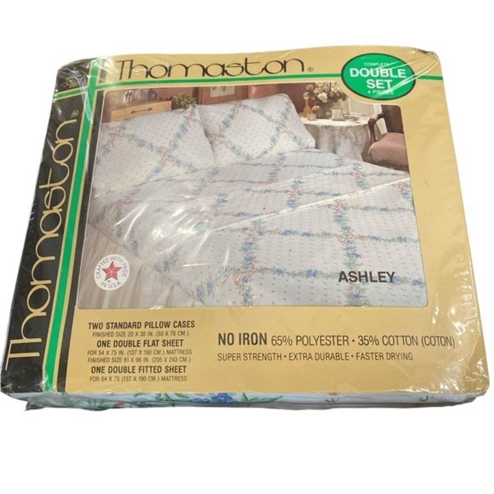 Vintage‎ Thomaston Ashley Double Full Sheet Set White w/ Pink Ribbon Blue…